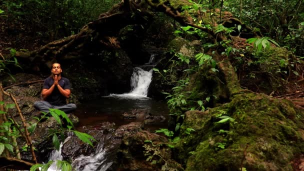 muž medituje na vodopádu kryt se zeleným svěžím lesem plochý úhel klip je zastřelen v hlubokých lesích západní ghat.