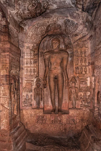 Badami Barlang Szobrok Dzsain Istenek Faragott Falak Ősi Művészet Részletesen — Stock Fotó