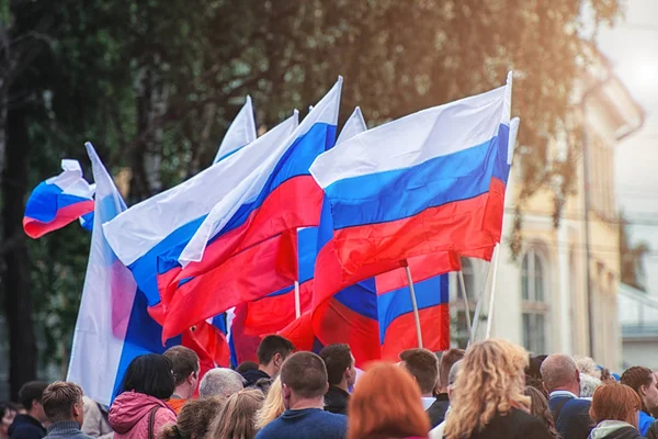 Bandeiras Rússia Agitando Vento Profundidade Rasa Campo — Fotografia de Stock