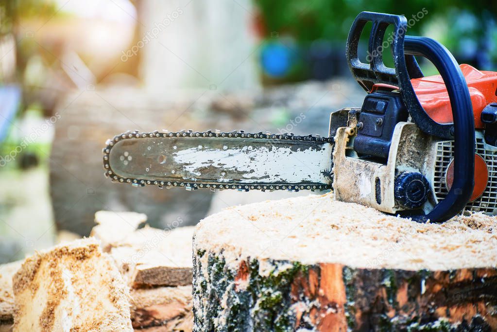 Chainsaw on a log with sawdust at shallow depth of field