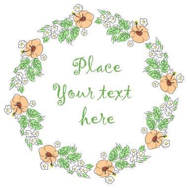 Çiçeklerin yuvarlak çerçevesi ve yaprakların ortasında beyaz arkaplanda metnin için bir yer var.