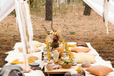 Sonbaharda doğada öğle yemeği için hazırlanan masa, piknik