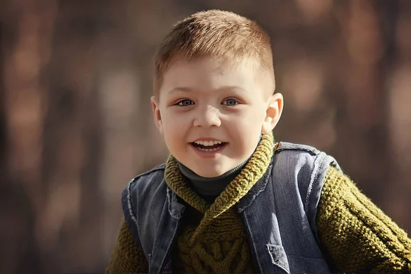 Autumn Portrait Cheerful Boy Green Sweater Blue Denim Vest Close — Stock Photo, Image