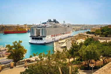 Valletta, Malta - 09.01.2025: Çok katlı yolcu gemisi MSC World Europa, tropikal santraller ve tarihi mimariyle pitoresk bir limana demirlemiştir..