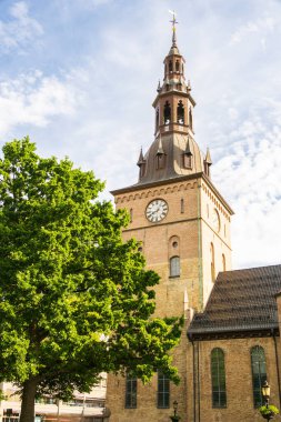 Norveç 'te mavi gökyüzünün altında yeşil ağacın üzerinde yükselen Oslo Katedrali kulesi