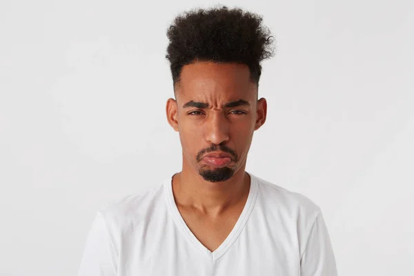 Closeup Upset Unhappy African American Young Man Afro Hairstyle Wears — Stock Photo, Image