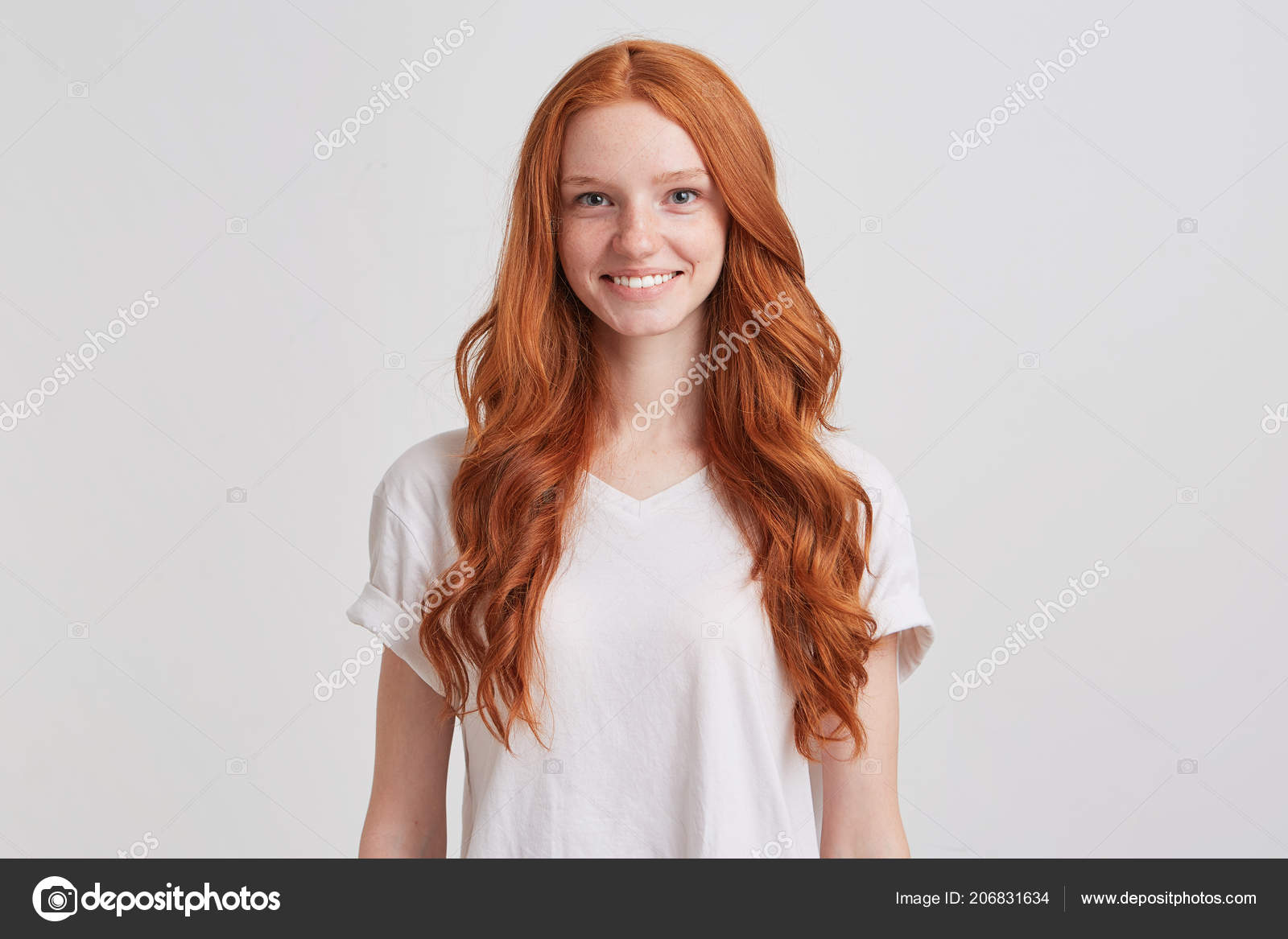 Portrait Cheerful Beautiful Young Woman Long Wavy Red Hair