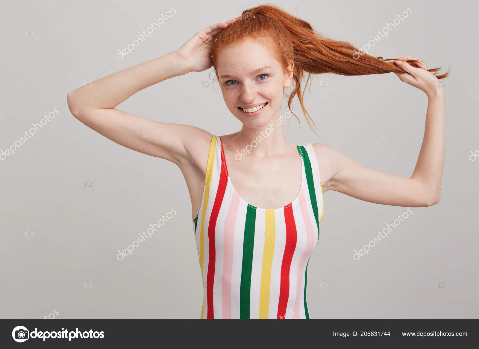 Portrait Happy Beautiful Young Woman Red Hair Freckles Striped Top