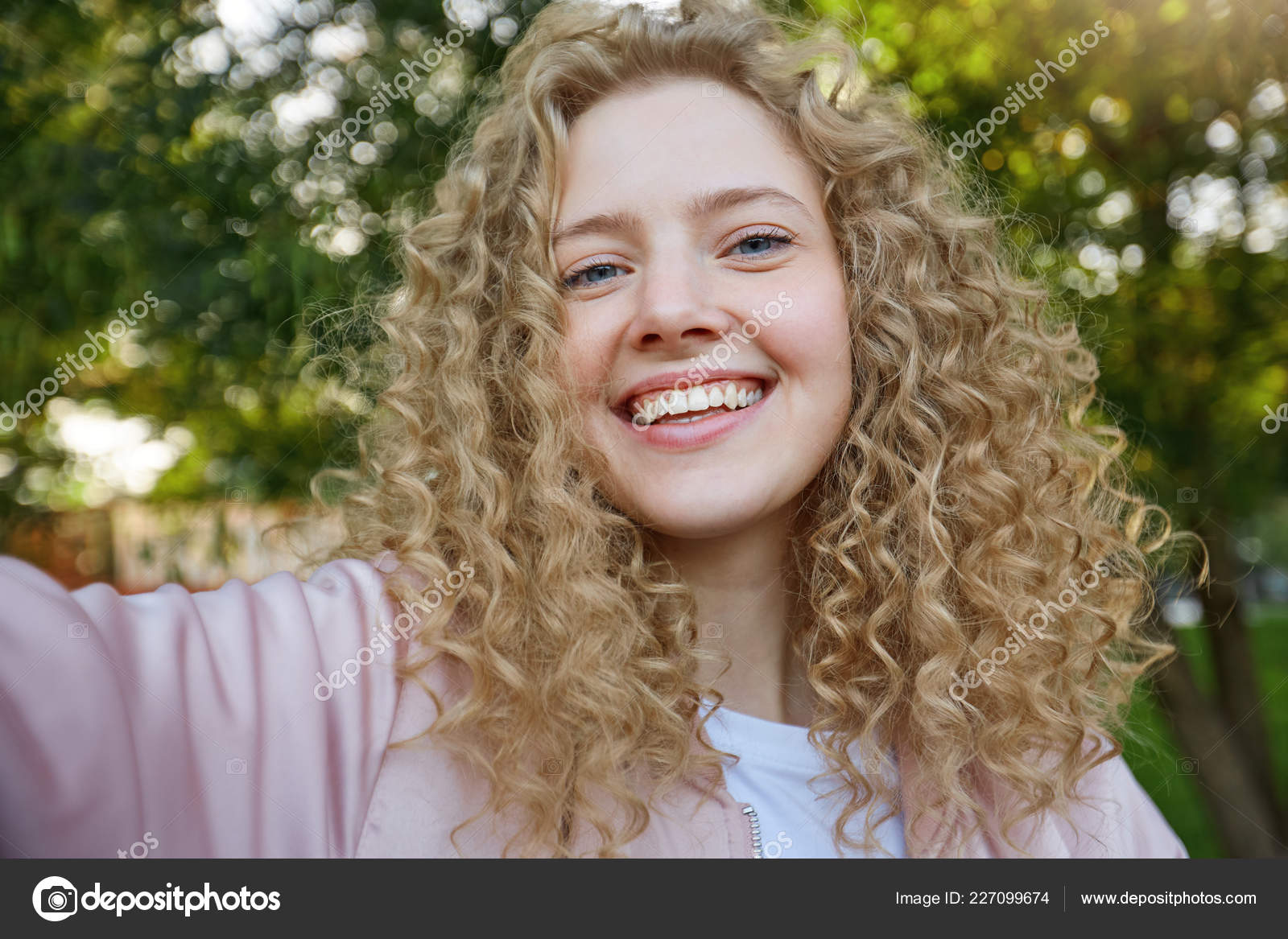 Selfie Portrait Charming Young Beautiful Blonde Girl Curly Hair