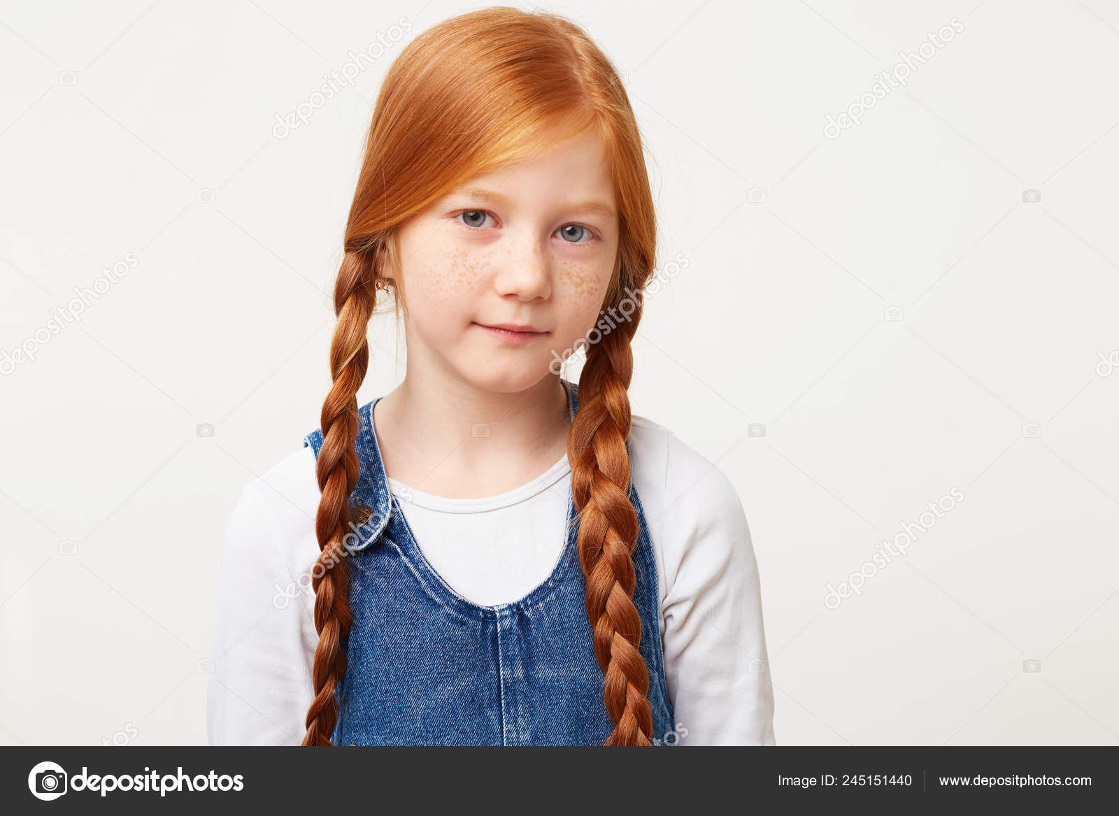 Close Tender Little Girl Freckles Braided Two Long Plaits Red