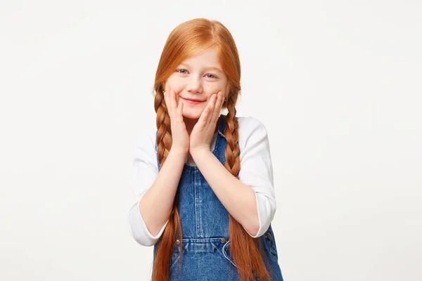 Милая Добрая Девушка Плетеными Рыжими Волосами Двух Длинных Косичках Приветливо — стоковое фото