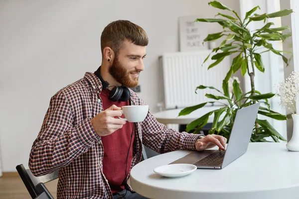 Young attractive ginger bearded man working at a laptop while si