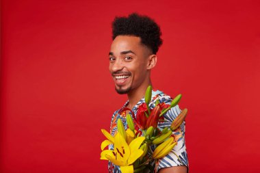 Yakın genç gülen koyu tenli adam, Hawaii şir giyer