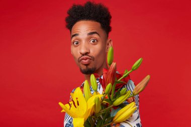 Yakın yakın genç pozitif koyu tenli adam, Hawaii şir giyer