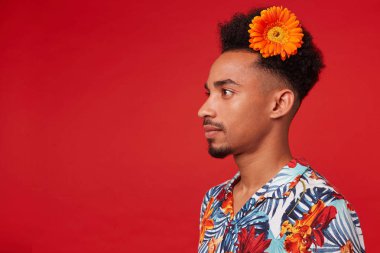 Genç koyu tenli adam Portresi, Hawaii gömlek giyer, tuvalet