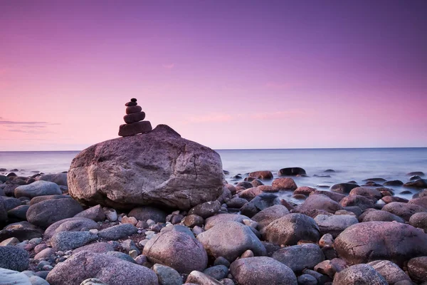 Piling Rocks Sun Sets Baltic Sea Southern Sweden — Stock Photo, Image