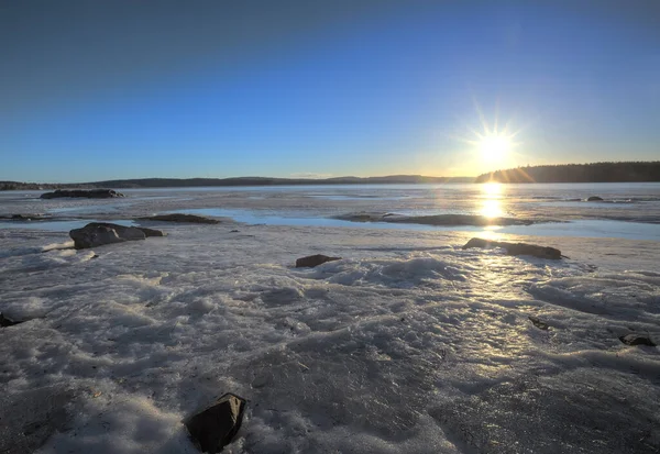 Lake in sweden in early spring as the ice is melting in the sun