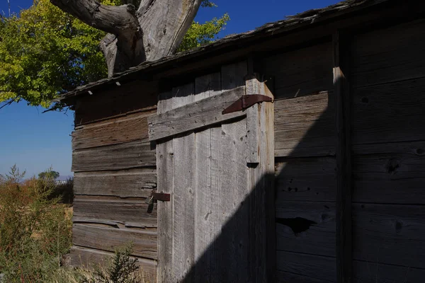 Stary Drewniany Szopa Wiejski Pole Otoczony Chwastem — Zdjęcie stockowe