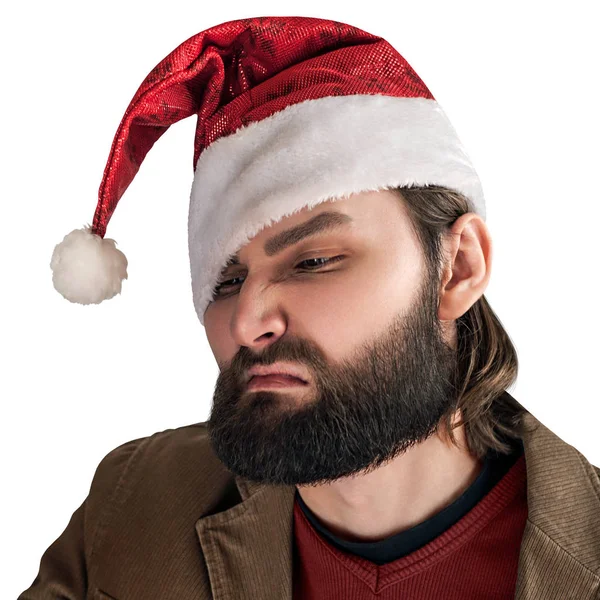 Красивый Бородатый Санта Клаус Красном Свитере Закрыть Портрет Лицо Выражает — стоковое фото