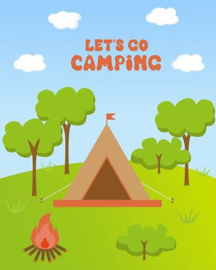 Yaz tatili ve kamp temasında vektör kartı.