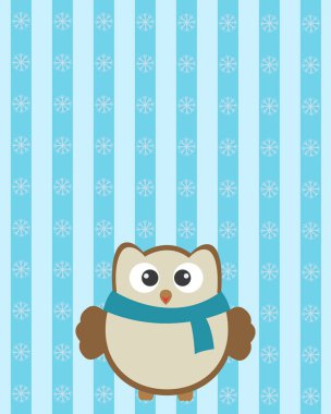 Noel teonu ile vektör kartı. Kar taneleri ile çizgili bir arka plan üzerinde Sevimli baykuş.