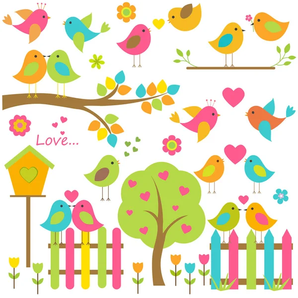 Vektor uppsättning av natur-tema. Älskare av fåglar som sitter på grenarna av träd, staket med Birdhouse. — Stock vektor