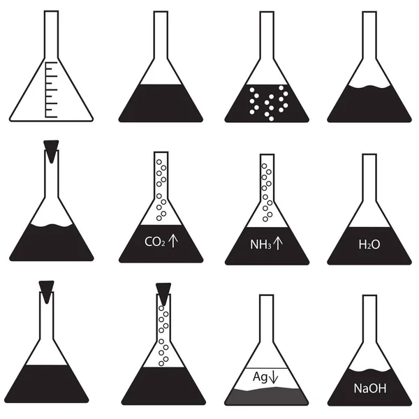 Conjunto vectorial de frascos cónicos con diferentes contenidos podría estar en blanco y negro — Archivo Imágenes Vectoriales