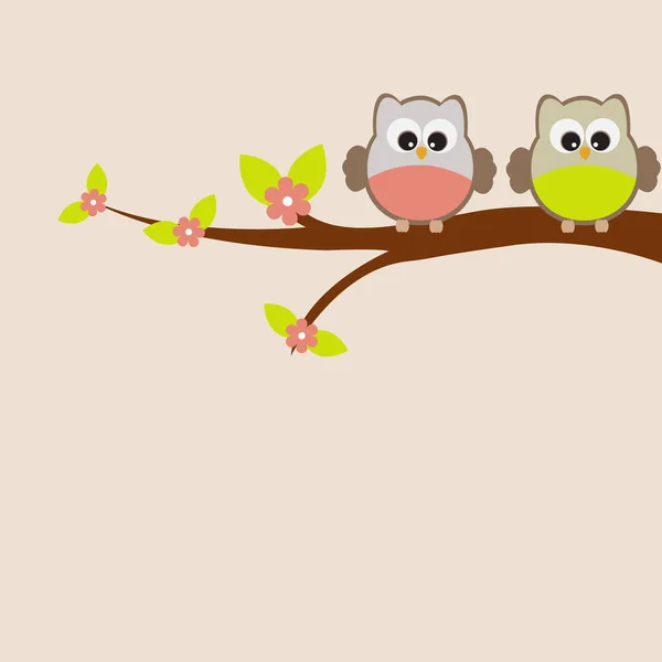 Vector wenskaart op het thema van de natuur. Schattige uilen zittend op een boom. — Stockvector