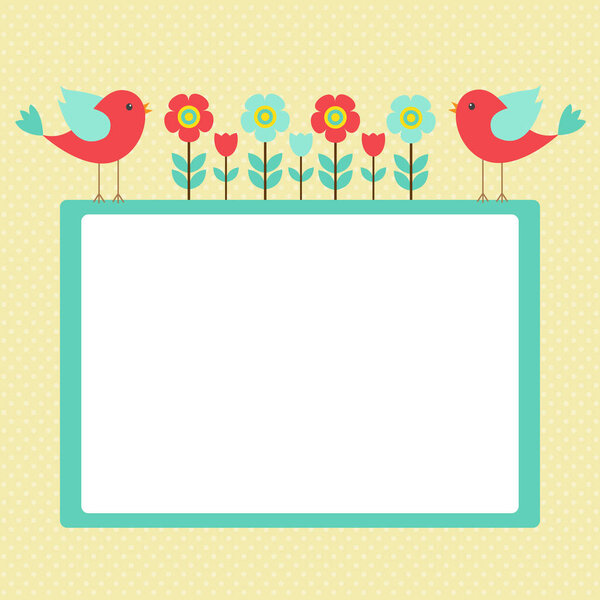 Vector postcard frame nature. Cute birds with flowers.