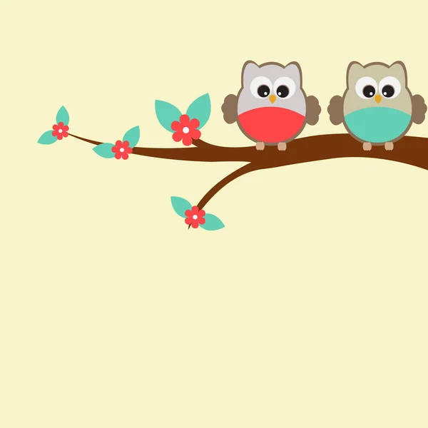 Doğa teması vektör tebrik kartı. Bir ağaç üzerinde oturan sevimli baykuşlar. — Stok Vektör