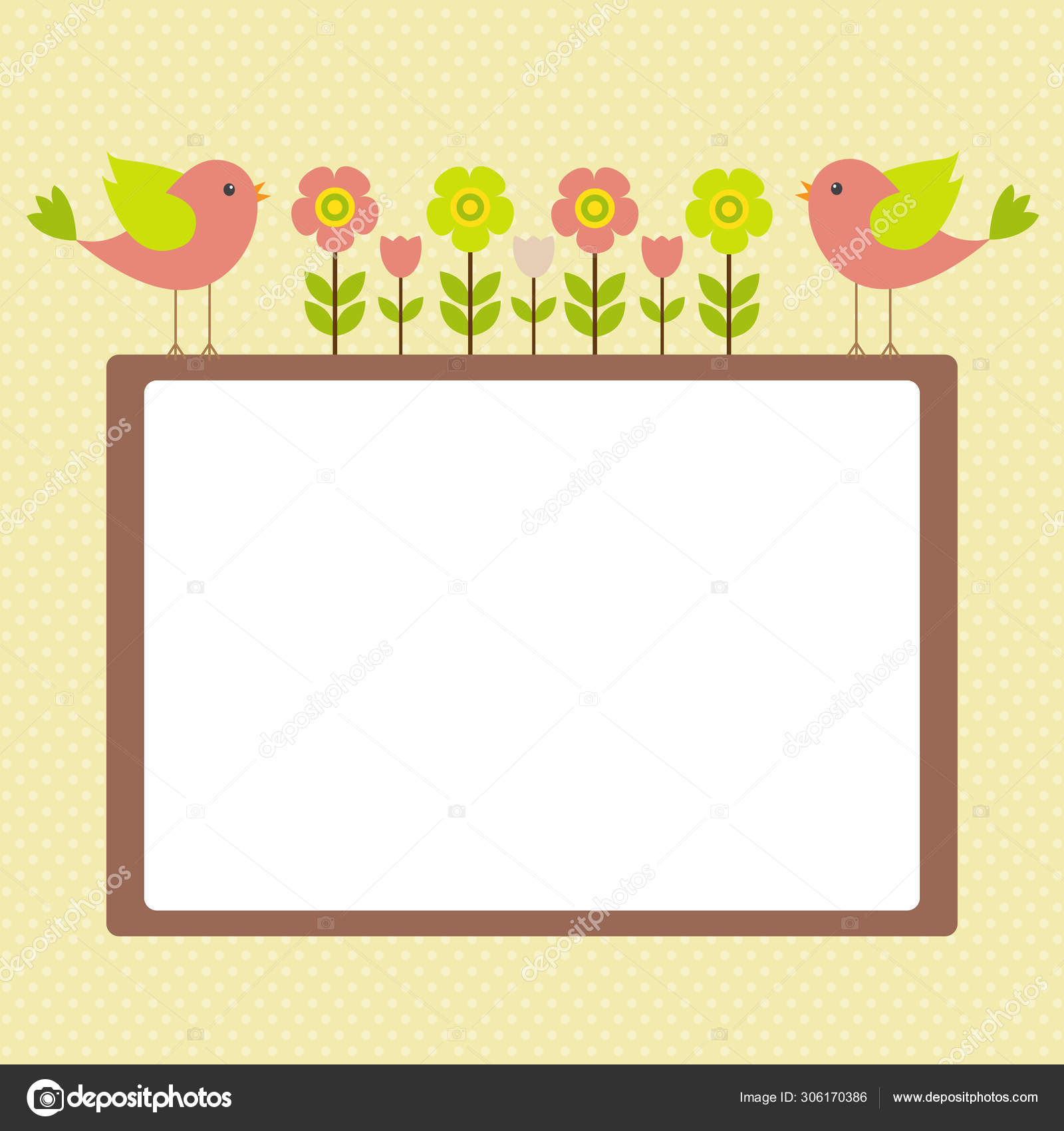 Vector postcard frame nature. Cute birds with flowers. Stock