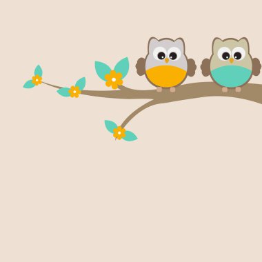 Doğa teması vektör tebrik kartı. Bir ağaç üzerinde oturan sevimli baykuşlar.