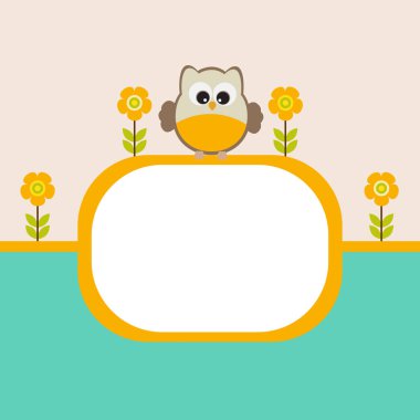 Vektör kartpostal çerçeve doğası. Çiçekli sevimli baykuş.