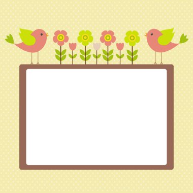 Vektör kartpostal çerçeve doğası. Çiçeklerle sevimli kuşlar.