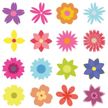 Çeşitli şekil ve renklerde vektör çiçekleri kümesi