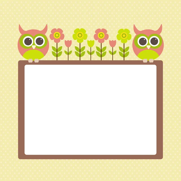 Naturaleza del marco de la postal vectorial. Lindos búhos con flores . — Vector de stock