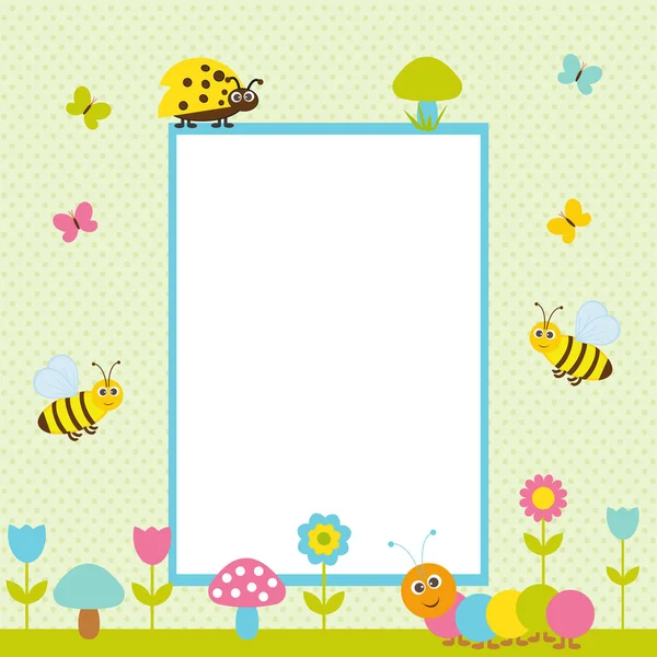 Vector postcard frame child theme. Caterpillar and bees,flowers