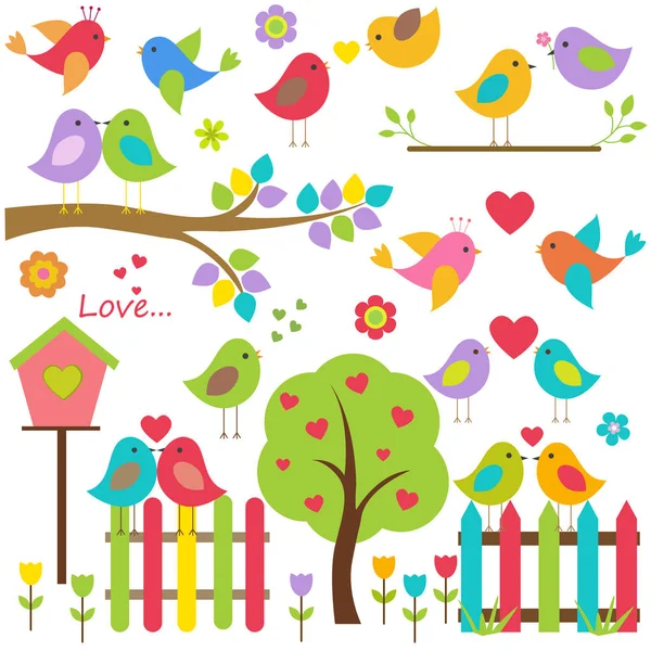 Vektör seti doğa temalı. Ağaçların dallarında oturan kuş severler, kuş evi ile çit.