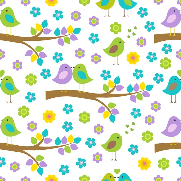自然をテーマにしたベクトルシームレスパターン。木の枝に座っている鳥の愛好家. — ストックベクタ