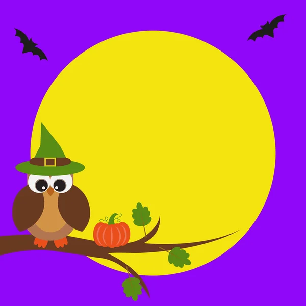 Ramka na pocztówkę wektorową na temat Halloween. Sowa siedzi na drzewie z dynią na Księżycu. — Wektor stockowy