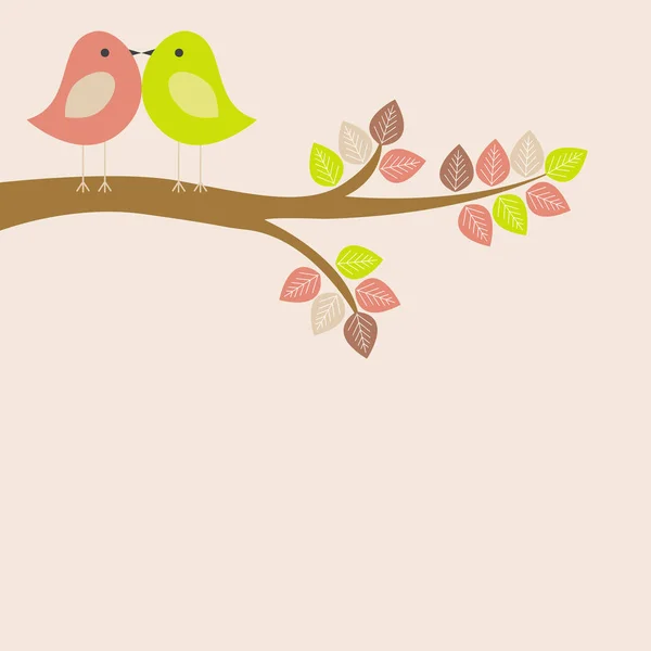 Διανυσματική ευχετήρια κάρτα στο θέμα της φύσης. Χαριτωμένα πουλιά που κάθονται σε ένα δέντρο. — Διανυσματικό Αρχείο
