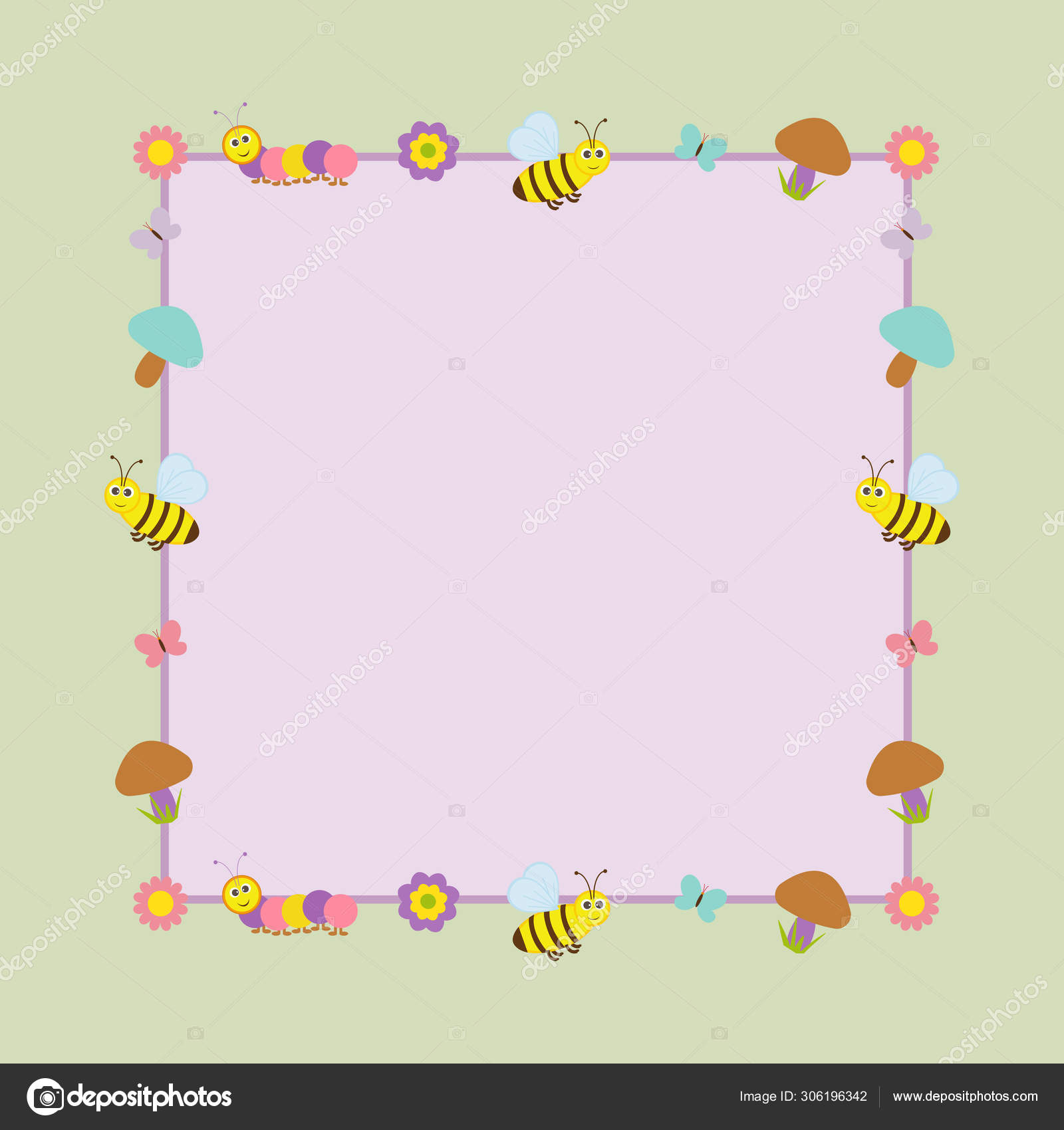 Vector postcard frame child theme. Caterpillar and bees,flowers and  mushrooms, butterflies. Stock Vector by ©Fedorova_AA 306196342