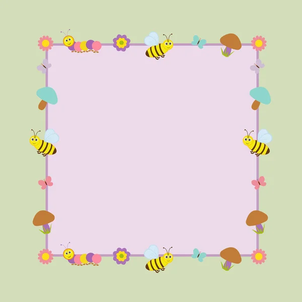 Vector postal frame criança tema. Lagarta e abelhas, flores e cogumelos, borboletas . — Vetor de Stock