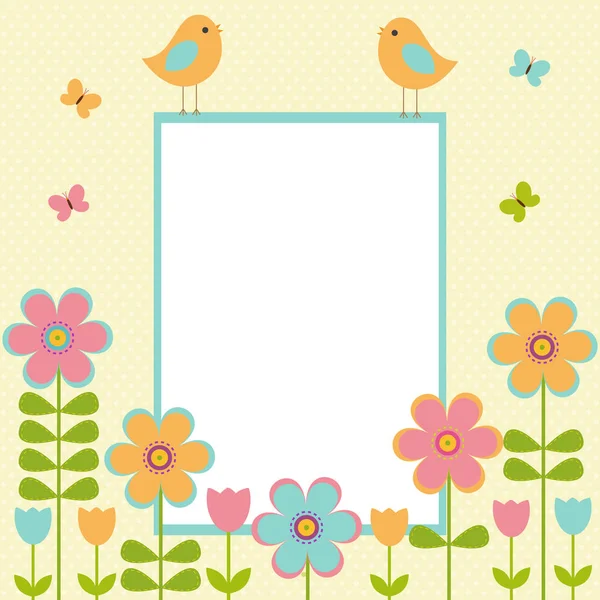 Marco de postal vectorial en el tema primavera-verano. Aves entre flores brillantes y mariposas — Vector de stock