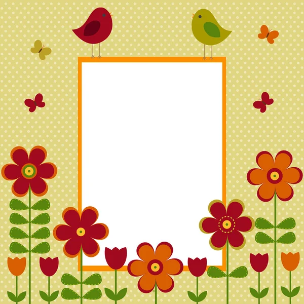 Cornice da cartolina vettoriale sul tema primavera estate. Uccelli tra fiori brillanti e farfalle . — Vettoriale Stock