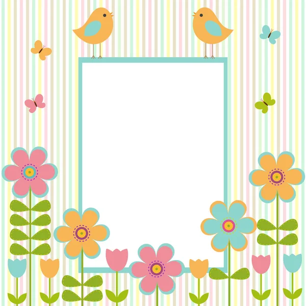 Marco de postal vectorial en el tema primavera-verano. Pájaros sentados entre flores brillantes y mariposas. Hay espacio para fotos o textos . — Vector de stock