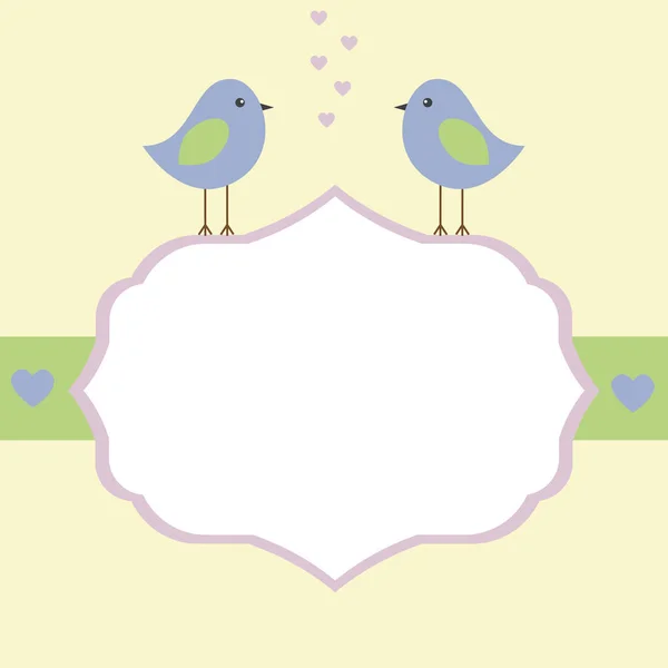 Векторна листівка на романтичну тему. Любителі птахів сидять на рамці з літаючими серцями . — стоковий вектор