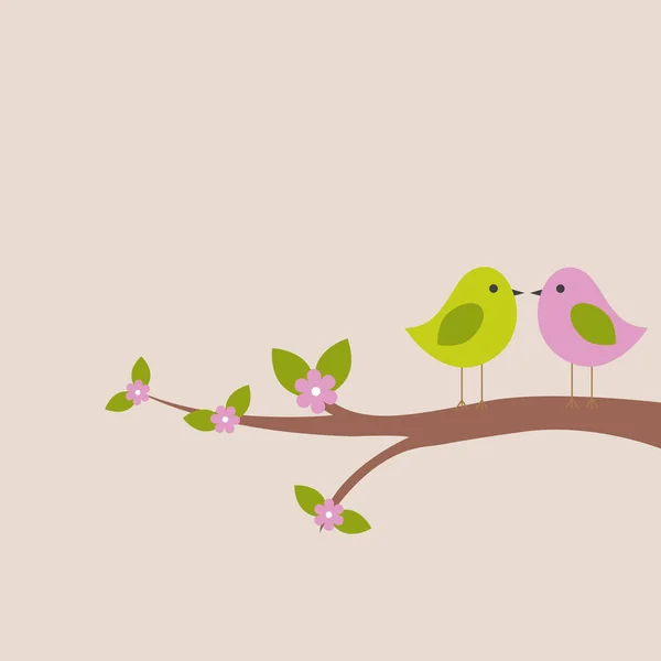 Vektorrahmenkarte für das Frühlingsthema. liebe Vögel, die auf einem Ast mit Blumen sitzen. — Stockvektor