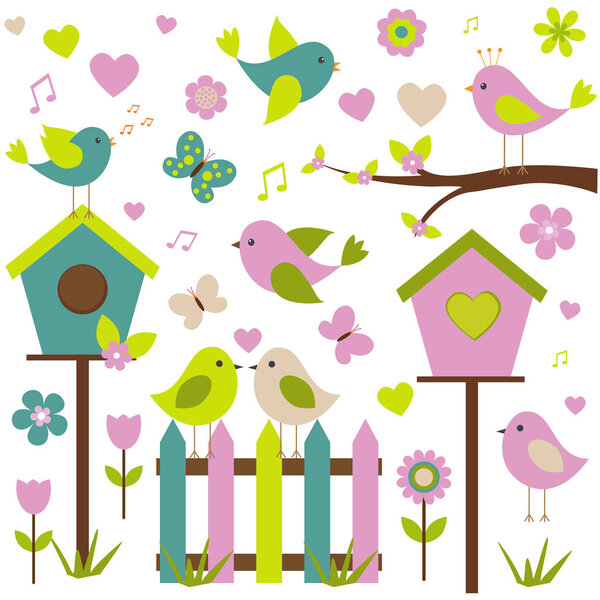 Векторный набор весенней темы. Любите птиц, весенние растения и бабочек
.