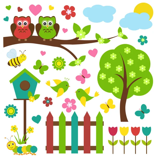 Bahar tema vektör seti. Çiçekler ve böcekler arasında, çiçek açan ağaçüzerinde oturan kuşlar.